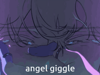 A Blue Smiley Face Is Covering Its Mouth With Its Hand And The Words Angel Giggle Below It GIF