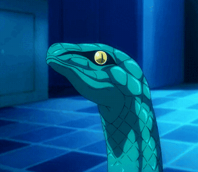 A Blue Snake With A Yellow Eye And A Clock On Its Head GIF