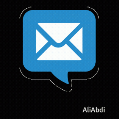 A Blue Speech Bubble With An Envelope Inside Of It And The Name Aliabdi Below It GIF