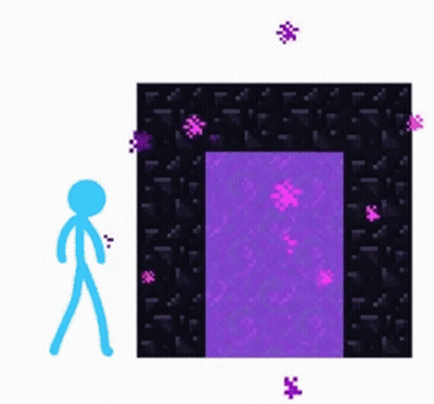 A Blue Stick Figure Is Standing In Front Of A Purple Portal . GIF