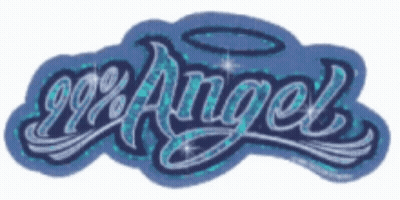 A Blue Sticker That Says ' Angel ' On It GIF