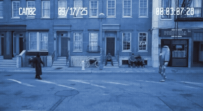 A Blue Street Scene With A Pizzeria On The Corner GIF