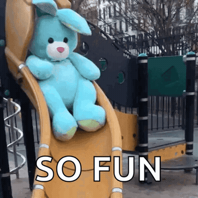 A Blue Stuffed Bunny Sits On A Slide With The Words So Fun Below It GIF