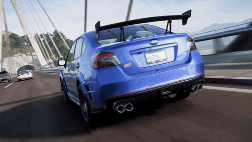 A Blue Subaru With A License Plate That Says Yj504 Is Driving On A Bridge GIF