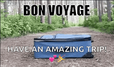 A Blue Suitcase With The Words Bon Voyage Have An Amazing Trip Written Above It GIF