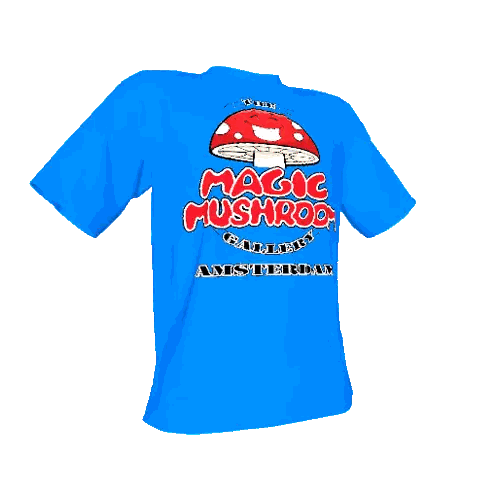 A Blue T-Shirt That Says Magic Mushroom On The Back Sticker