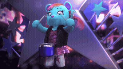 A Blue Teddy Bear Is Holding A Drum And A Pair Of Drumsticks GIF