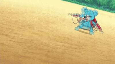 A Blue Teddy Bear Is Holding A Gun On A Dirt Ground GIF