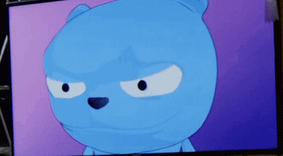 A Blue Teddy Bear With A Purple Background Is On A Television Screen GIF