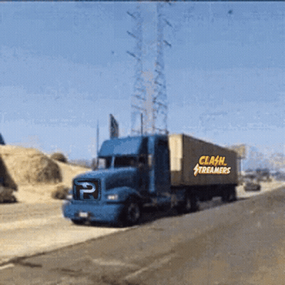 A Blue Truck With Clash Streamers Written On The Side Of It GIF