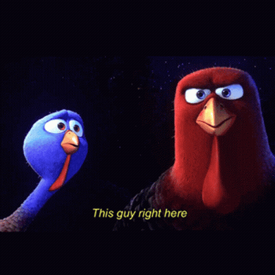 A Blue Turkey And A Red Turkey Are Standing Next To Each Other With A Caption That Says This Guy Right Here GIF