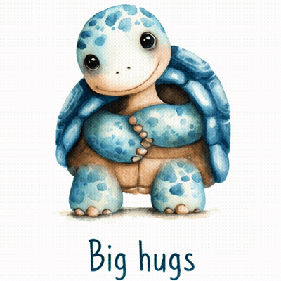 A Blue Turtle Is Hugging Another Turtle And The Words Big Hugs Are Below It GIF