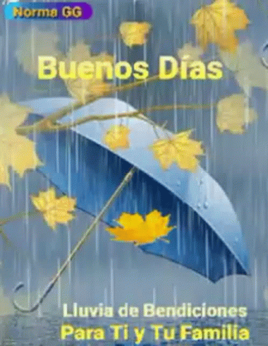 A Blue Umbrella With Yellow Leaves Hanging From It In The Rain GIF