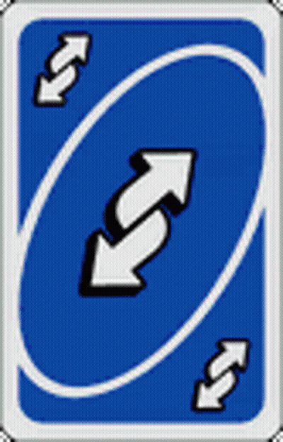 A Blue Uno Card With Two Arrows Pointing In Opposite Directions . GIF