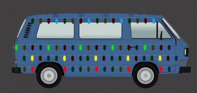 A Blue Van Is Decorated With Christmas Lights On The Side GIF
