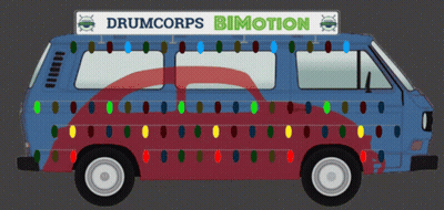 A Blue Van With Christmas Lights On The Side And A Sign That Says Drumcorps Bimotion GIF