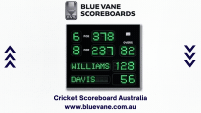 A Blue Vane Scoreboard Displays The Score Of A Cricket Match GIF