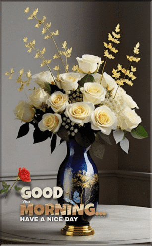 A Blue Vase Filled With White Roses Has A Good Morning Message On It GIF