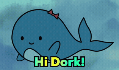 A Blue Whale With A Red Bow And The Words Hi Dork On The Bottom GIF