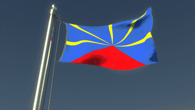 A Blue Yellow And Red Flag Is Waving In The Wind Against A Blue Sky GIF