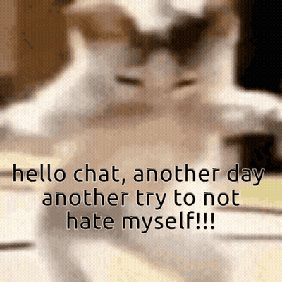 A Blurred Image Of A Cat With The Words " Hello Chat Another Day Another Try To Not Hate Myself !!! " GIF