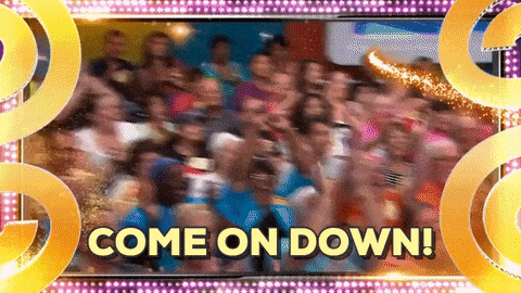 A Blurred Image Of A Crowd Of People With The Words Come On Down GIF