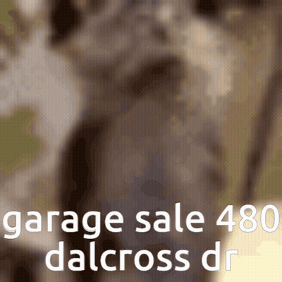 A Blurred Image Of A Donkey With The Words Garage Sale 480 Dalcross Dr Below It GIF