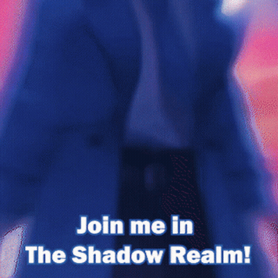 A Blurred Image Of A Man With The Words Join Me In The Shadow Realm Below Him GIF