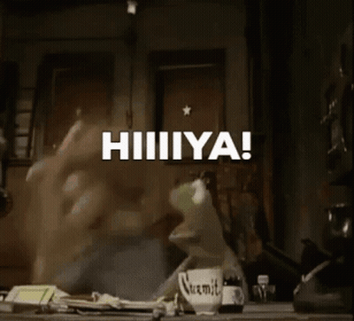 A Blurred Image Of A Person In A Kitchen With The Words Hiiiiiiya Written On It GIF