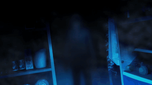 A Blurred Image Of A Person Standing In A Dark Room With A Blue Light Behind Them GIF