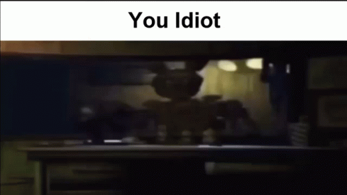 A Blurred Image Of A Rabbit In A Dark Room With The Words `` You Idiot '' Written On The Bottom . GIF