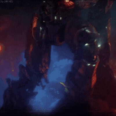 A Blurred Image Of A Robot In A Dark Room With Lights Shining On It GIF