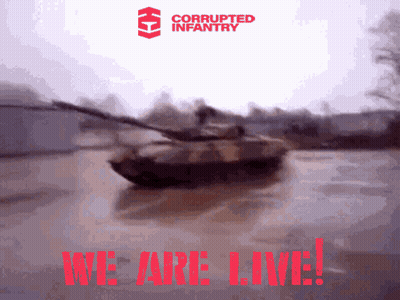 A Blurred Image Of A Tank With The Words " We Are Live " On The Bottom GIF