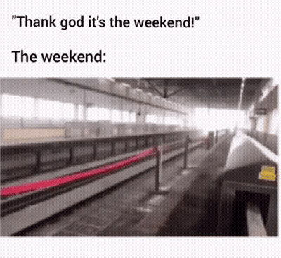 A Blurred Image Of A Train Station With The Words " Thank God It 'S The Weekend " At The Top GIF