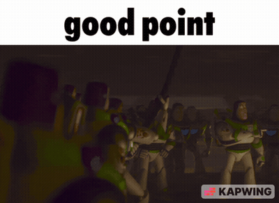 A Blurred Image Of Buzz Lightyear With The Words Good Point Below It GIF