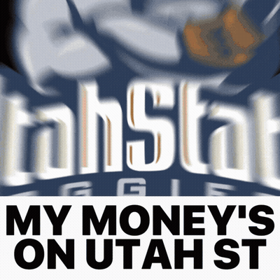 A Blurred Image Of The Utah State Eagles Logo With The Words " My Money 'S On Utah St " Below It GIF