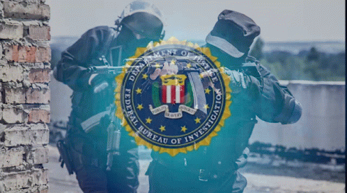 A Blurred Image Of Two Men Holding Guns With The Department Of Justice Federal Bureau Of Investigation Logo In The Backg GIF