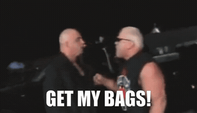 A Blurred Image Of Two Men With The Words " Get My Bags " On The Bottom GIF