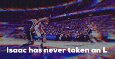 A Blurry Picture Of A Basketball Game With The Words Isaac Has Never Taken An L Above It GIF