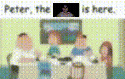 A Blurry Picture Of A Family Sitting Around A Table With The Words Peter The Is Here In The Corner GIF