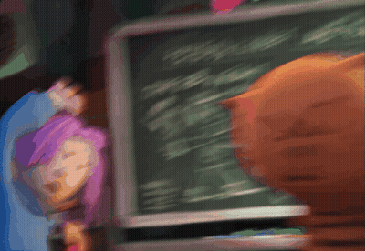 A Blurry Picture Of A Girl And A Cat Standing In Front Of A Chalkboard GIF