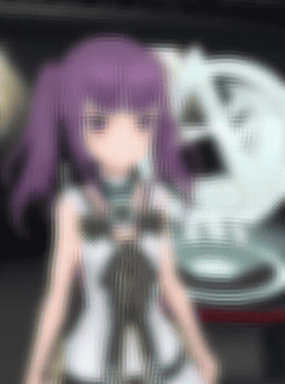 A Blurry Picture Of A Girl With Purple Hair And A White Top GIF