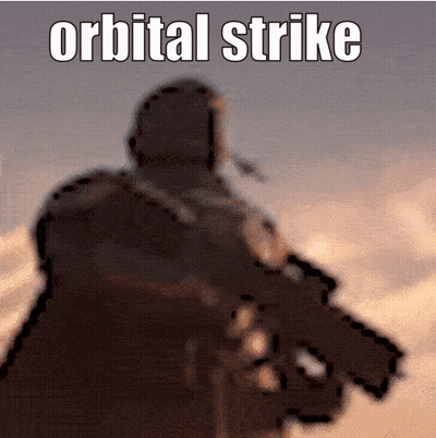 A Blurry Picture Of A Man Holding A Gun With The Words Orbital Strike Below Him GIF