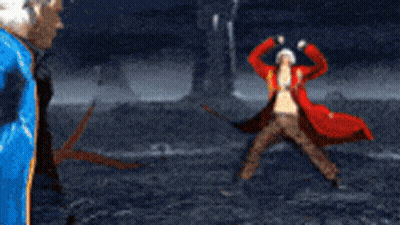 A Blurry Picture Of A Man In A Blue Jacket Standing Next To A Man In A Red Coat GIF