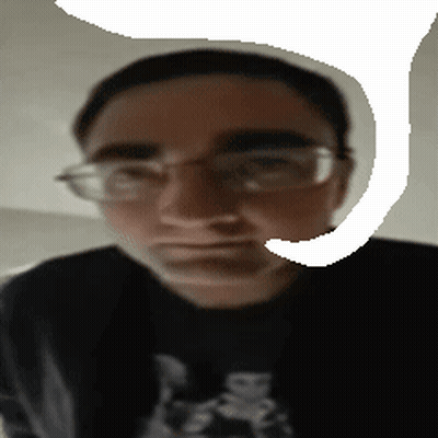 A Blurry Picture Of A Man Wearing Glasses And A Shirt That Says ' Doom ' On It GIF