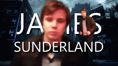 A Blurry Picture Of A Man With The Words James Sunderland On The Bottom GIF