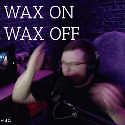 A Blurry Picture Of A Man With The Words Wax On Wax Off Above Him GIF