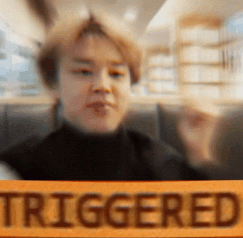 A Blurry Picture Of A Person With A Sign That Says Triggered GIF