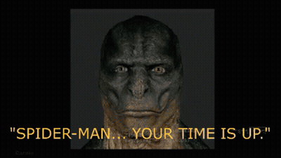 A Blurry Picture Of A Spider-Man Saying " Spider-Man ... Your Time Is Up " GIF