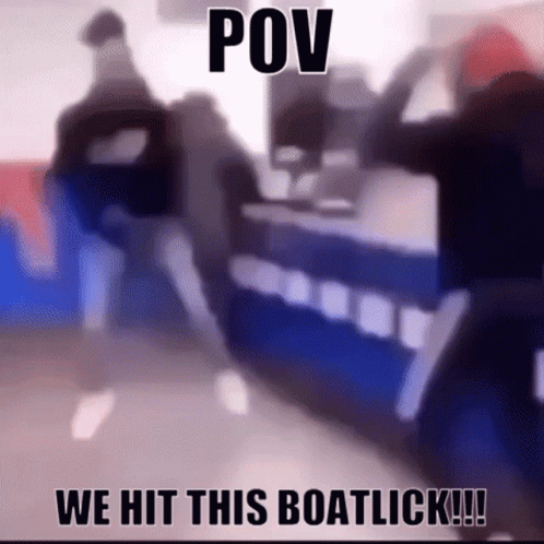 A Blurry Picture Of People Standing Around A Table With The Caption `` Pov We Hit This Boatlick !! '' GIF